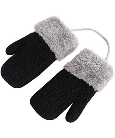 Cute Winter Thicken Knitted Toddler Mittens with Fleece Lining - Anti-Lost String, Ages 0-4 - Black - Buy Online on GoSupps.com