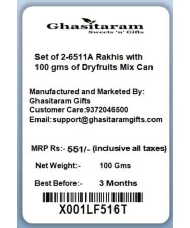 Ghasitaram Gifts Rakhi for Brother Rakhis Online - Set of 2-6511A Rakhis with 100 GMS of Dryfruits Mix Can Rakhi Set with 100 gms of Dryfruits Mix Can - Buy Online on GoSupps.com