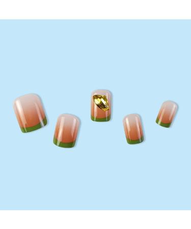 French Tip Press on Nails - Short Round Press On Nails with Nail Tips Green French Freshing Sparkling Diamond Design Glossy Gradient color press on nails Acrylic False Nails Cute Artificial Nails - Buy Online on GoSupps.com