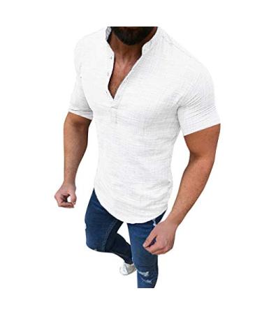 2022 Fashion Mens Shortsleeve Cotton Linen Shirts Casual Slim Fit Henley V-Neck Hippie Summer Beach Muscle Yoga Top White Medium