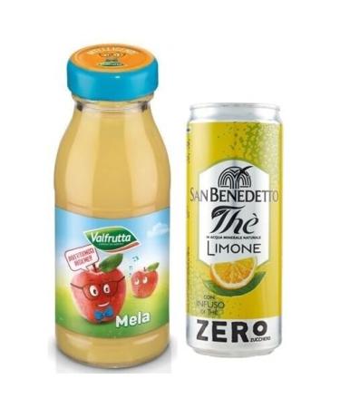 Valfrutta Succhi di Frutta Mela Lot de 48 bouteilles jetables en verre 100 % jus de fruits avec pomme italienne boisson sans alcool 125 ml + 1 bo te de th glac San Benedetto au citron sans sucre