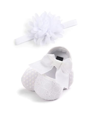 MACHSWON Baby Girls First Walking Shoes Bow-Knot Mary Jane Flats Elastic Band Soft Cotton Anti-Slip Soft-Soled Princess Christening Shoes Infant Girls Outdoor Shoes with Headband 3-6 Months White