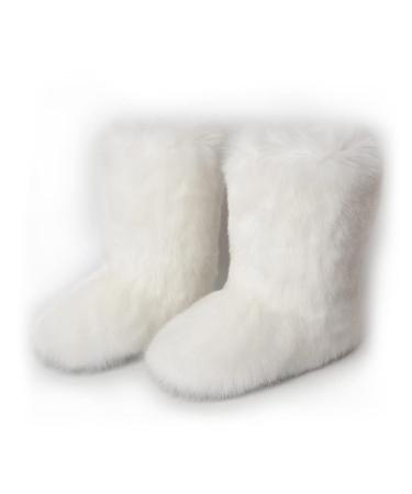 ZOSCGJMY Faux Fur Boots for Women Fuzzy Fluffy Furry Round Toe Suede Winter Snow Boots Flat Shoes 9 White