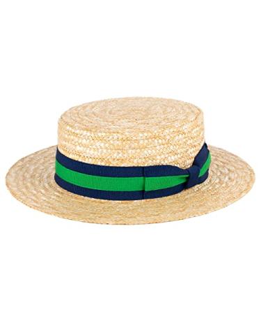 ZAKIRA Straw Boater Hat Handmade in Italy Medium Navy-green Band