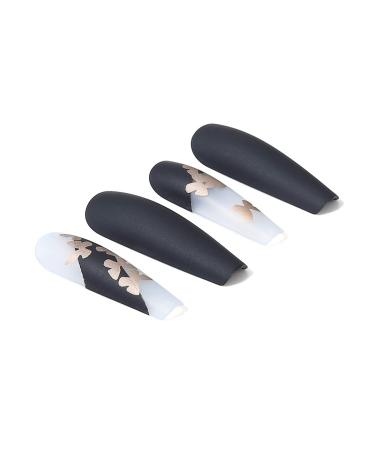 Brishow Black Long Artificial Nails with Gold Butterfly - 24 Ballerina Press-On Acrylic Nails for Women & Girls - Buy Online on GoSupps.com