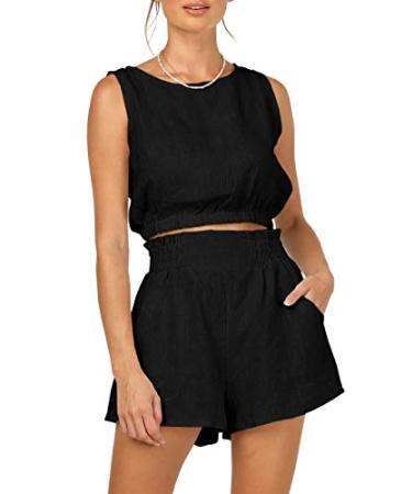 Eurivicy Women's 2 Piece Outfits Sleeveless Crop Tank Top and High Waist Pocketed Shorts Loose Summer 2pcs Short Sets A# Black Medium