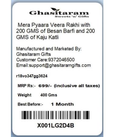 Ghasitaram Gifts Rakhi for Brother Rakhis Online - Mera Pyaara Veera Rakhi with 200 GMS of Besan Barfi and 200 GMS of Kaju Katli Rakhi Set with 200 gms of Besan Barfi & Kaju Katli - Buy Online on GoSupps.com