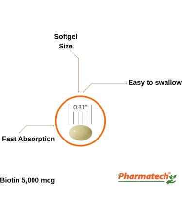 PHARMATECH Biotin Vitamin B7 for Hair Growth Skin and Nails 10 000 mcg and 5 000 mcg Gluten Free Non-GMO 120 Softgels - Buy Online on GoSupps.com