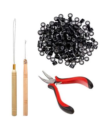 Orgrimmar Hair Extension Tool Kit Hair Extension Remove Pliers Pulling Hook 500 PCS Micro Silicone Rings Bead Device Tool Kits for Professional Hair Styling Tools Accessory (Black)