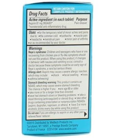 Ecotrin Low Strength Safety Coated Aspirin 81mg - 150 Tablets (4 Pack) | Buy NSAID Online | International Shipping Available - Buy Online on GoSupps.com