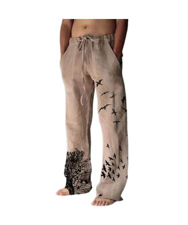 IVERIRMIN Men's Lightweight Linen Print Elastic Waist Drawstring Wide Leg Pants Loose Fit Casual Yoga Pants Khaki Medium