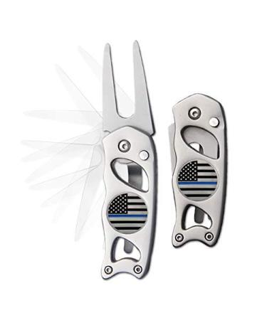 Indiana Metal Craft Thin Blue Line Switchblade Golf Divot Repair Tool Stainless Steel with 2 Removable Ball Markers