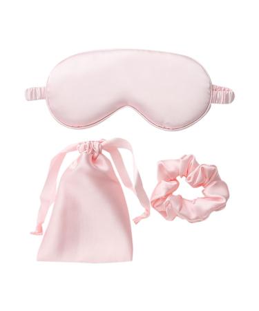 3 Pcs Artificial Silk Sleep Masks Set Satin Sleeping Eye Mask Hair Scrunchies Night Blindfold Blackout Eyeshades Eye Cover Wedding Bridesmaid Gifts Pink