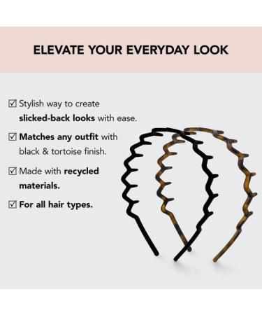 Kitsch Zig Zag Headbands - Men & Women's Recycled Plastic Hair Bands | Classic 90s Style | Wavy Headband with Teeth | 2pc Set in Black & Tort - Buy Online on GoSupps.com