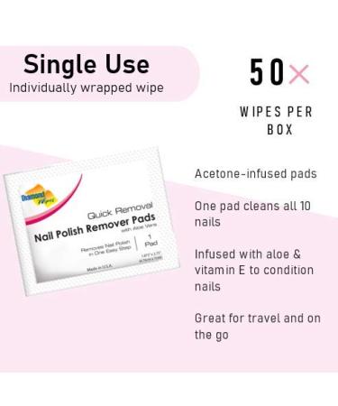 Diamond Wipes Acetone Nail Polish Remover Pads with Aloe Vera - 50ct Individually Wrapped, On-The-Go Size - 50 Count (Pack of 1) - Buy Online on GoSupps.com