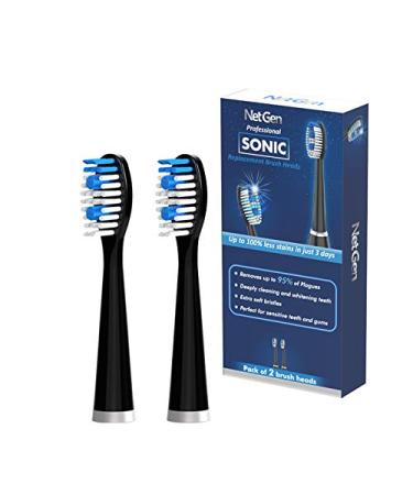 NetGen Replacement Sonic Toothbrush Heads | Soft and Comfortable Electronic Brush| Compatible with All NetGen Toothbrush Models | Black - Pack of 2