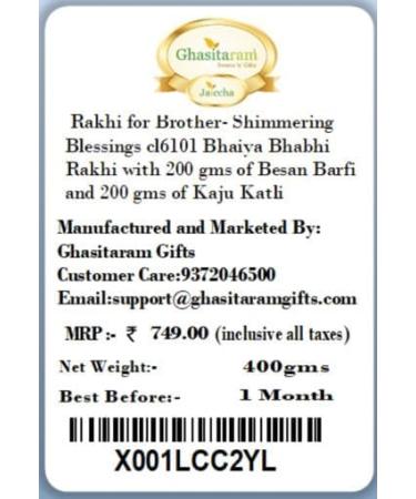 Ghasitaram Gifts Rakhis Online - Rakhi for Brother- Shimmering Blessings cl6101 Bhaiya Bhabhi Rakhi with 200 GMS of Besan Barfi and 200 GMS of Kaju Katli - Buy Online on GoSupps.com