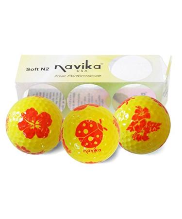 Navika Golf Balls- Ladybug and Tropical Flower Multi-Imprint on Bright Yellow High Visibility Color (3-Pack)
