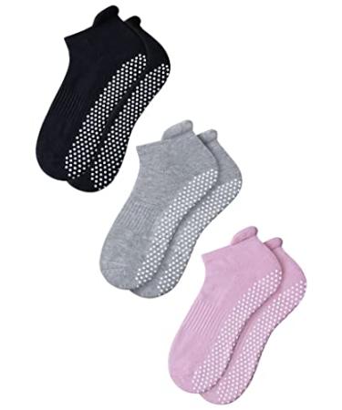 RATIVE Anti Slip Non Skid Barre Yoga Pilates Hospital Socks with grips for Men Women Small 3-pairs/Black+grey+pink