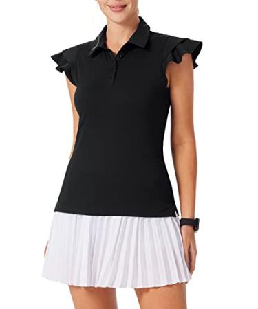 JACK SMITH Womens 2023 Golf Polo Shirt Ruffles Sleeveless Moisture Wicking Tennis Shirts Lightweight Athletic Tops Black Large