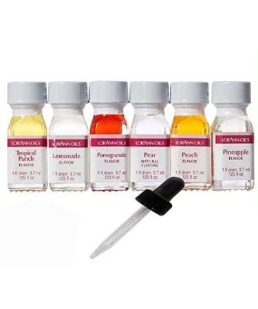 Lorann Oils Super Strength (Tropical punch, Lemonade, Pear, Pomegranate, Pineapple and Peaches) Variety Pack of 6 with free 1 Ounce Dropper.