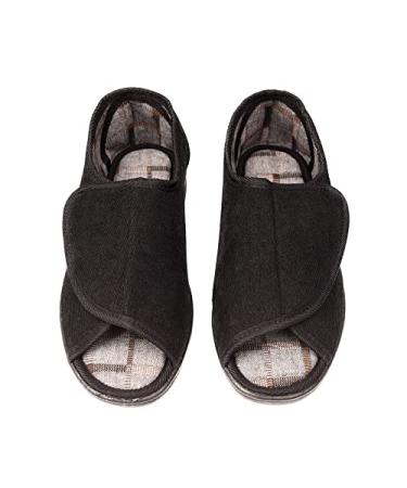 Happy Touch Men's Open Toe Adjustable Extra Wide 80-D Memory Foam Diabetic Slippers for Swollen Feet Edema Arthritis Elderly Indoor/Outdoor 9 Black