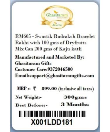 Ghasitaram Gifts Rakhi for Brother Rakhis Online - RM605 - Swastik Rudraksh Bracelet Rakhi with 100 GMS of Dryfruits Mix Can 200 GMS of Kaju katli Rakhi with 100g Dryfruits Mix Can &200g Kaju katli - Buy Online on GoSupps.com
