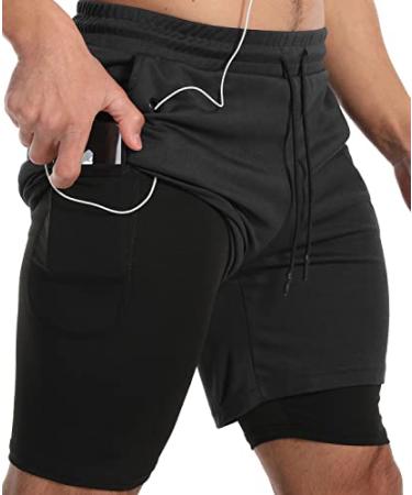 JWJ Men's Running Athletic Workout Sports Mens 2 in 1 Shorts Breathable Gym Short for Men with Pocket Large Black