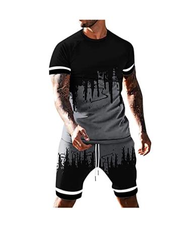Men's Workout Top Bottom Sets 2 Piece Tie Dye Print Casual Sports Shirt Shorts Pants Athletic Jogging Outfits Sportswear Gray Large