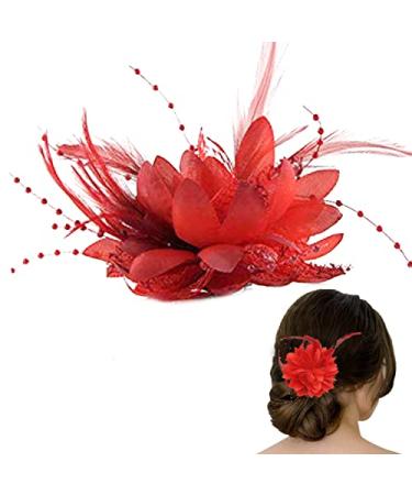 Kentucky Derby Fascinators for Women Red Fascinator Elegant Feather Flower Hair Clip Fascinators Corsage Beaded Beak Hair Clip Brooch Ideal Hair Accessories for Women and Girls Birthday Bridal