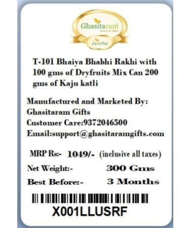 Ghasitaram Gifts Rakhis Online - Rakhi for Brother-T-101 Bhaiya Bhabhi Rakhi with 100 GMS of Dryfruits Mix Can 200 GMS of Kaju katli Rakhi Set & 100g Dryfruits Mix Can 200g Kaju katli - Buy Online on GoSupps.com