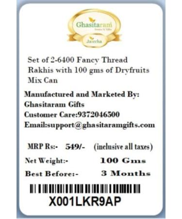Ghasitaram Gifts Rakhi for Brother Rakhis Online - Set of 2-6400 Fancy Thread Rakhis with 100 GMS of Dryfruits Mix Can 2 Rakhi with 100 gms of Dryfruits Mix Can - Buy Online on GoSupps.com