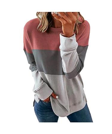 AMIMOJY Color Block Tops for Women Casual Long Sleeve Crewneck Sweatshirts Fashion Shirts Fall Tops Pink Small