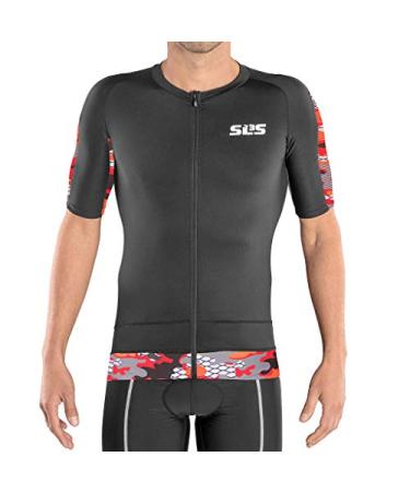SLS3 Tri Top Men Short Sleeve | Triathlon Tops Mens Aero Cycle Jersey | Singlet | Shirts | Ideal for Longer Distances Black/Red Camo Small