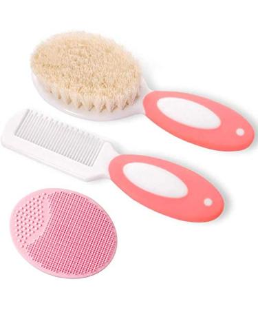 Baby Hair Brush and Comb Set for Newborns & Toddlers | Natural Soft Goat Bristles | Ideal for Cradle Cap | Perfect Baby Registry Gift (Pink)