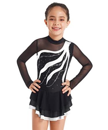 Aislor Girls Mesh Splice Figure Ice Skating Dress Long Sleeves Ballet Dance Gymnastics Leotards Tutu Dress Dancewear White 12 Years
