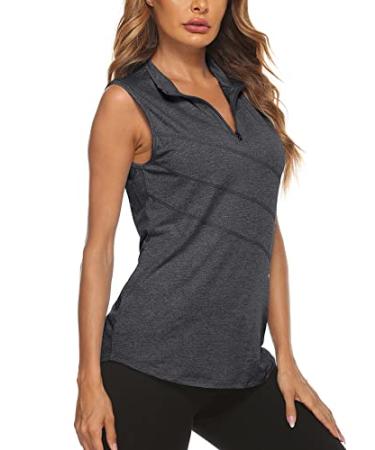 Koscacy Women's Sleeveless Golf Tennis Polo Shirts Zip Up Workout Tank Tops (S-2XL) Pure Black Large