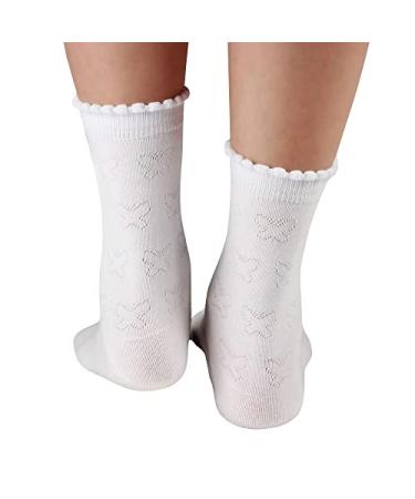 COTTON DAY Girls White Dressy Short Ankle Socks Ruffle Top Hearts Design Butterflies 5 Pack 6-8 Years