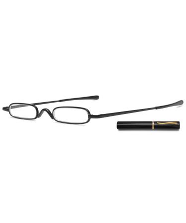 Abetos mini narrow reading glasses compact light glasses with case feather hinge metal reading aid visual aid fashion portable reading glasses women men black 3.0 x
