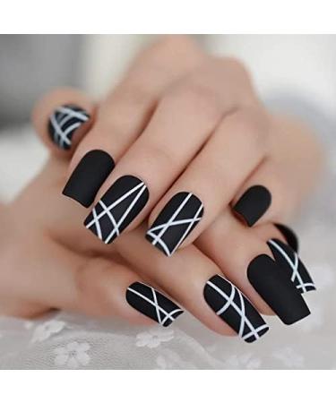 A N K 24 pieces Black false Nails medium length full coverage Glossy fake Artificial nails (Black Strip nail) Striped - Buy Online on GoSupps.com