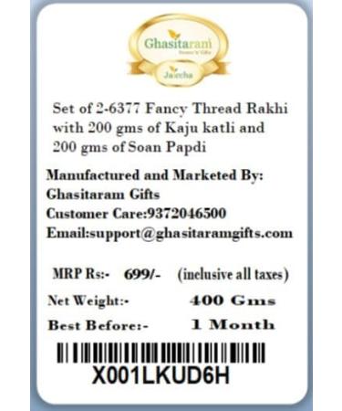 Ghasitaram Gifts Rakhi for Brother Rakhis Online - Set of 2-6377 Fancy Thread Rakhi with 200 GMS of Kaju katli and 200 GMS of Soan Papdi - Buy Online on GoSupps.com
