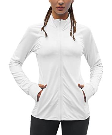 COOrun Women's UPF 50+ Sun Protection Hoodie Jacket Long Sleeve Hooded Active Shirts Outdoor Performance with Pockets No Hood Large 01 White
