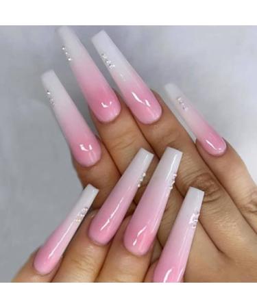 Aksod Ombre Pink Press on Nails Super Long Square Coffin Fake Nails Glossy Rhinestone Gradient False Nails Full Cover BallerinaArtifiacial Stick on Nails for Women and Girls 24Pcs (Pink Ombre)