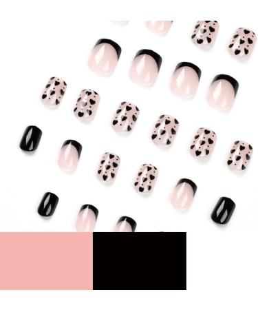 French Tip Press on Nails - Short Square Press On Nails with Nail Tips Black edge black love heart press on nails Acrylic False Nails Cute Artificial Nails - Buy Online on GoSupps.com