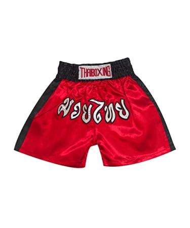 SIAMKICK Youth Light Muay Thai Shorts for Kids (4 Years - 12 Years) Boxing Kickboxing MMA Training Trunk for Boys and Girls X-Small Red & Black