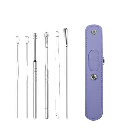 6pcs Spring Earwax Cleaner Tool Set - Spiral Design Stainless Steel Ear Picks Stainless Steel Ear Pick Set with Keychain Box Ear Wax Removal Kit for Ear Adult (Purple)