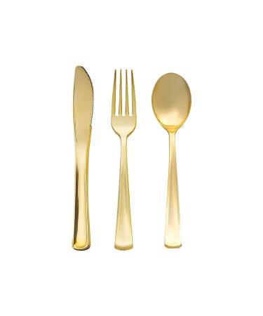 M Honor 50 Place Gold Plastic Silverware for Weddings Parties Dinners. 150 Piece Set Service for 50. Reusable Silverware Sets. Forks Knives and Spoons
