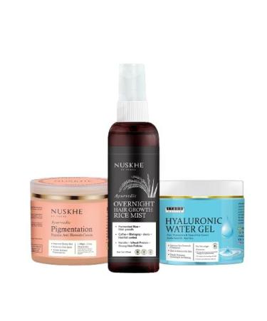 Nuskhe Pa""s Glow Up Trio | Overnight Hair Growth Rice Mist | Papaya Pigmentation Cream | Hyaluronic Gel | 100 Ml Each
