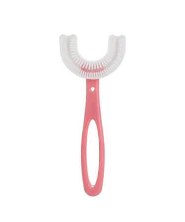 Kids U-Shaped Toothbrush - Food Grade Soft Silicone Brush Head 360 Oral Teeth Cleaning Design for Toddlers and Children Pink Red Ellipse