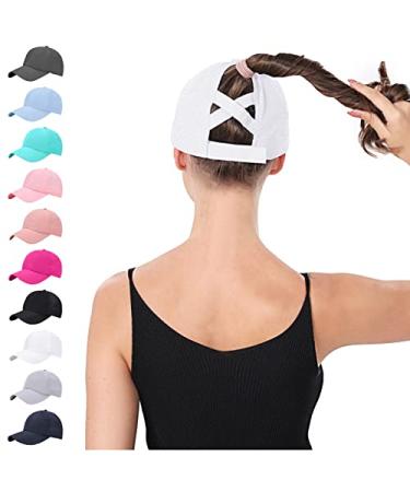New Upgraded Women Criss Cross Hat High Ponytail Baseball Caps Adjustable High Messy Bun Ponycap Trucker Hats A1-white